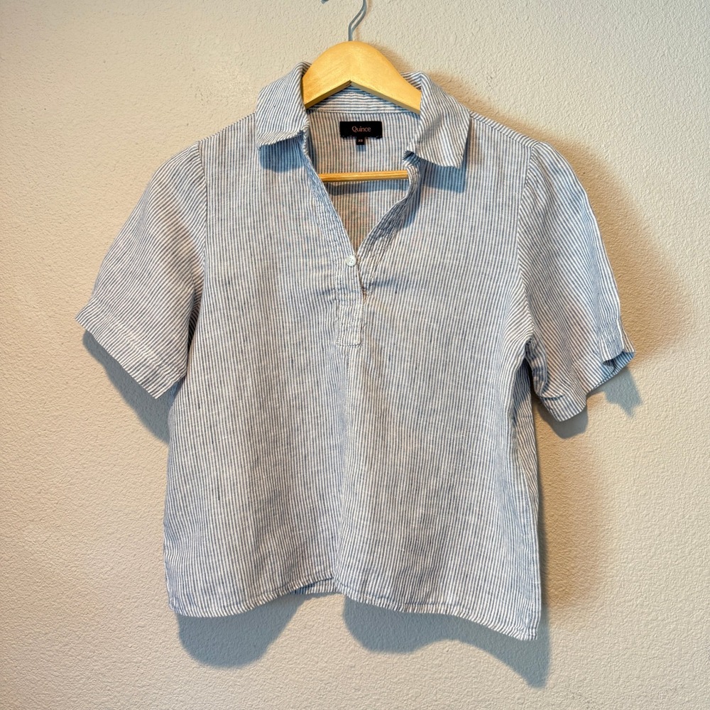 Quince Womens Blue White Pinstripe Linen Short Sleeve Button Front Shirt XS